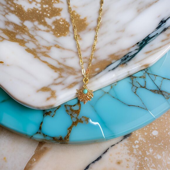 Golden points w turquoise gold link Necklace - Picture 2 of 2